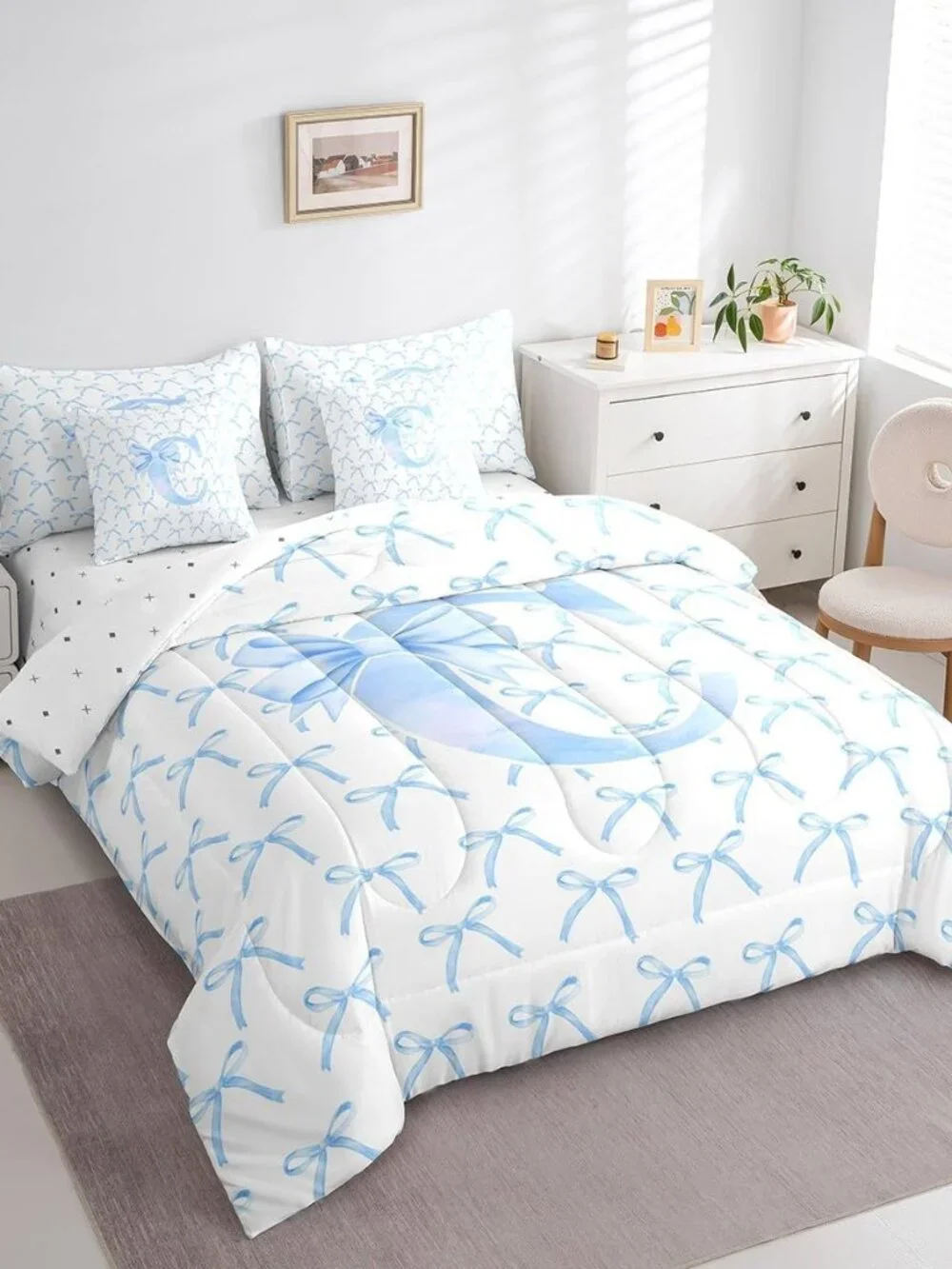 7 Pcs Cartoon Bowknot Kids Comforter Queen Size,Blue Bow Tie Letter C Knot Princ